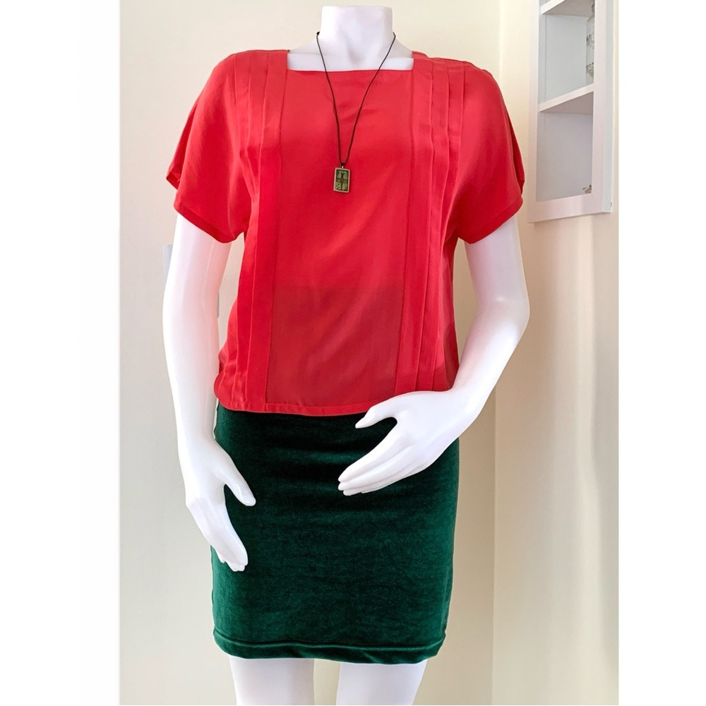 1980s red silk sheer flowy short sleeve blouse
